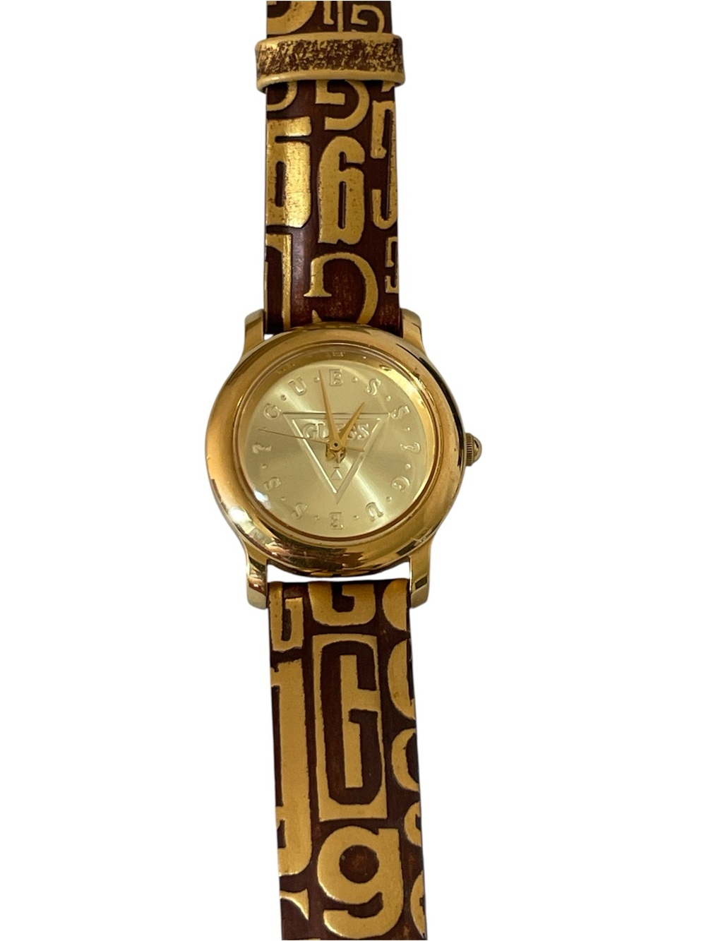 Vintage 90s Guess Watch Brown Gold Tone Metallic Works Original Band